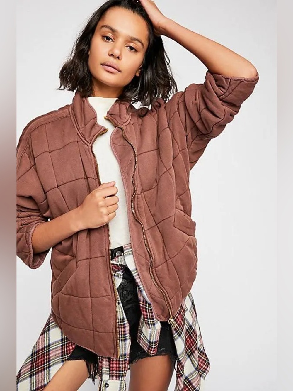 Free People Dolman Quilted Knit Jacket Coat Cherry Cola Dusty Rose Pink Large